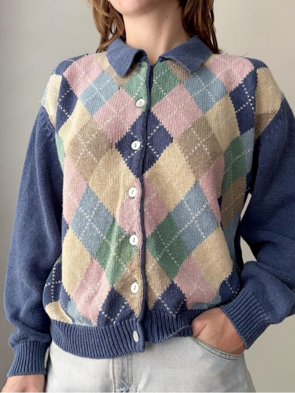 Vintage 90s cottagecore pastel Argyle Knit Button Up Sweater